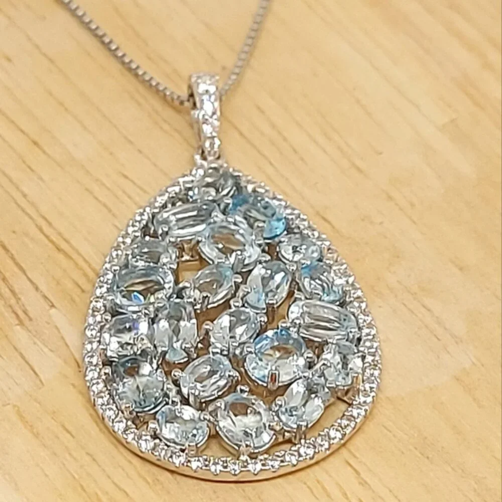 Natural Sky Blue Topaz Gemstone 925 Sterling Silver Necklace - Picture 5 of 8